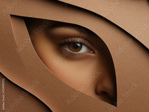 Close-Up Portrait Featuring Female Eye Surrounded by Artistic Paper Textures, Color 2025, copy space photo