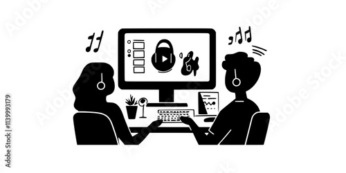 A vocal instructor conducting an online lesson with a student through video call, Illustration