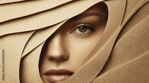 Close-Up Portrait Featuring Female Eye Surrounded by Artistic Paper Textures, Color 2025, copy space photo