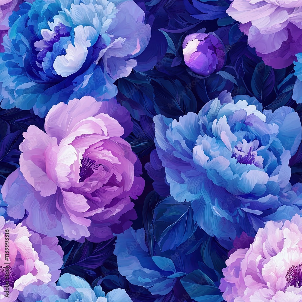Modern abstract flowers seamless pattern, beautiful design purple blue peonies, rose Modern abstract flowers seamless pattern, beautiful design purple blue peonies, rose