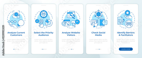 Perform audience analysis blue onboarding mobile app screen. Walkthrough 5 steps editable graphic instructions with linear concepts. UI, UX, GUI template. Montserrat SemiBold, Regular fonts used