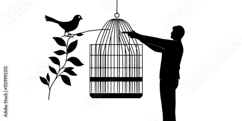 An individual adjusting the height of a bird’s cage for proper enclosure space and accessibility, Illustration