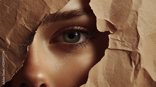 Close-Up Portrait Featuring Female Eye Surrounded by Artistic Paper Textures, Color 2025, copy space photo