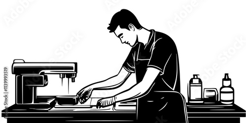Artist cleaning the block between different print runs for crisp impressions, Illustration