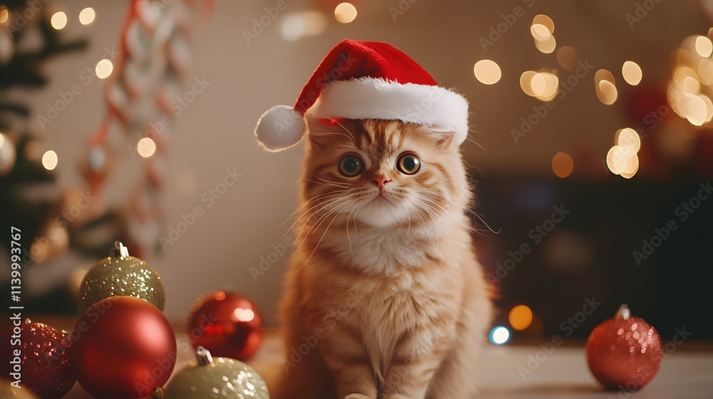 44. A cute cat wearing a Santa hat, sitting beside a New Year is party hat, with festive decorations around