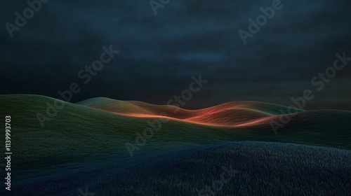 A view of rolling hills at dusk.  The sky is a dark blue with wispy clouds.  The hills are green with a warm glow in the center.