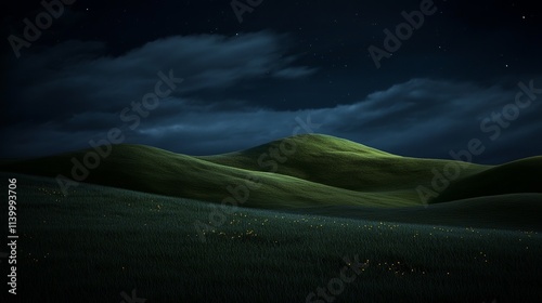 A tranquil landscape under a starry night sky, with rolling green hills and a hint of yellow wildflowers.
