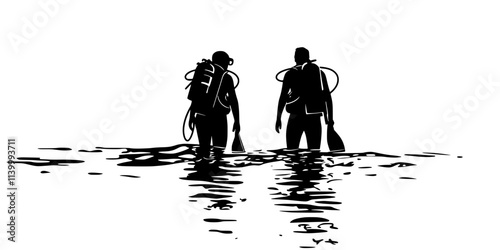 Diver preparing to descend into the water with an instructor for a guided scuba diving tour, Illustration