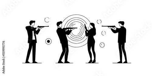 Gamers discussing strategies while aiming and shooting at targets in the game, Illustration