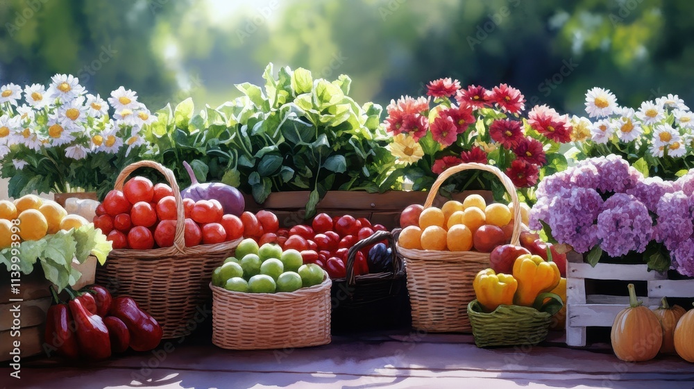 Fresh Vegetables and Colorful Flowers in a Scenic Garden Setting with Baskets Fresh Vegetables and Colorful Flowers in a Scenic Garden Setting with Baskets
