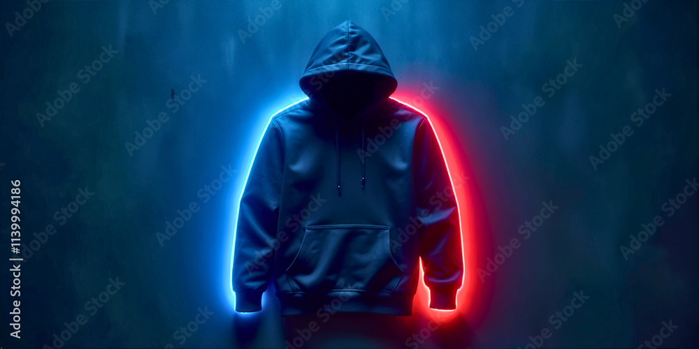 Hoodie illuminated in contrasting blue and red lights against a dark background Hoodie illuminated in contrasting blue and red lights against a dark background