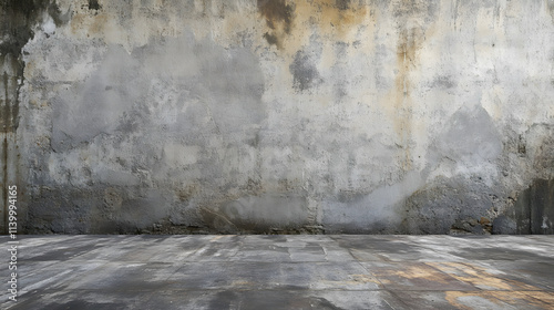 An empty panoramic room with an old concrete wall background.