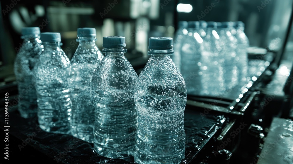 Water bottles being grouped and wrapped in plastic packaging, part of an automated bottling line process. Water bottles being grouped and wrapped in plastic packaging, part of an automated bottling line process.
