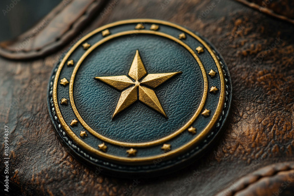 Close-up of a decorative emblem featuring a five-pointed star surrounded by a circular border with small stars, set against a textured leather background. Close-up of a decorative emblem featuring a five-pointed star surrounded by a circular border with small stars, set against a textured leather background.