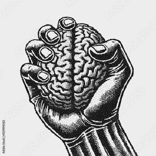 hand holding a brain, retro halftone style illustration