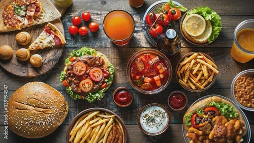 A tantalizing spread of fast food favorites, capturing the essence of indulgence and casual dining.  