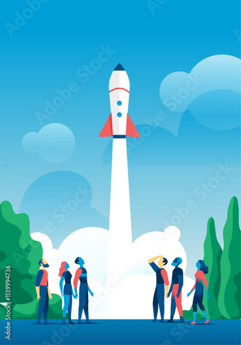 A rocket launches into the sky as a group of people watch in awe, symbolizing innovation, teamwork, and future success.