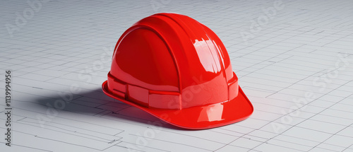 property compliance concept. Red safety helmet resting on building plans, symbolizing protection photo