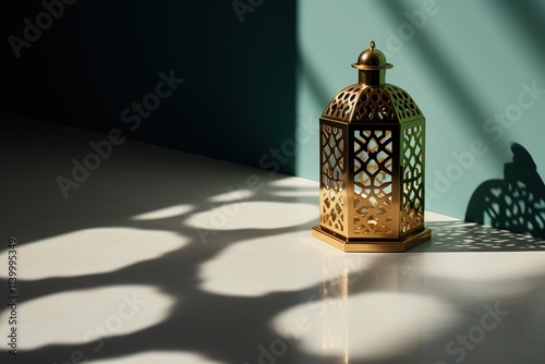 A gold lantern with a gold top sits on a white table photo