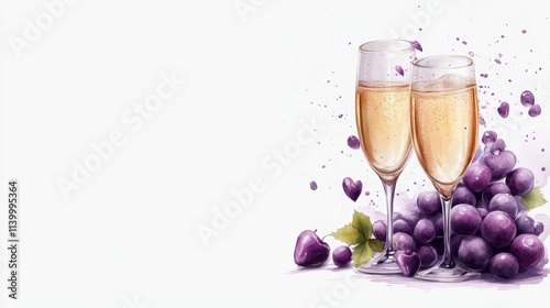 Elegant champagne flutes sit beside a cluster of fresh grapes, capturing a celebration vibe, This image can be perfect for marketing, invitations, or articles related to parties and festivities, photo