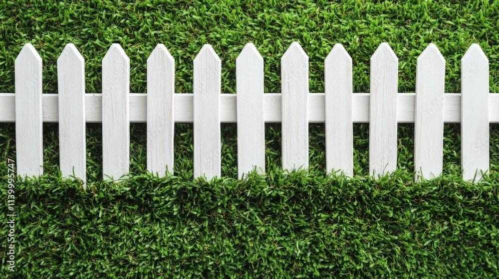 Fototapeta premium White wooden picket fence framing an area of vibrant green artificial turf, evoking a tidy and fresh aesthetic.