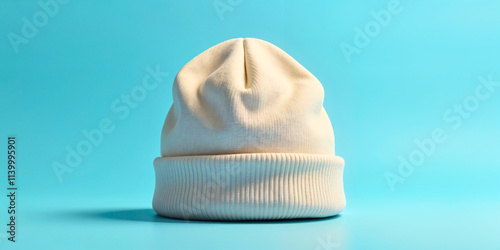 Minimalistic White Beanie Hat on Soft Blue Background photo