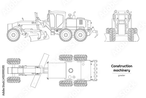 Isolated outline grader drawing. Industrial transport. Side, top and front view of construction vehicle. Contour machine blueprint