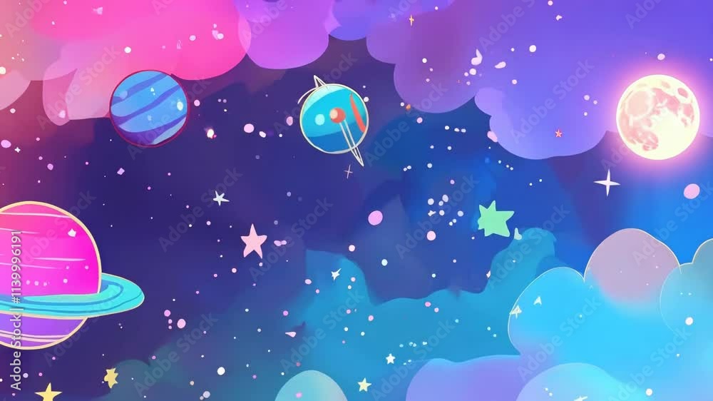 Whimsical planetary journey through colorful cosmic clouds and stars Whimsical planetary journey through colorful cosmic clouds and stars