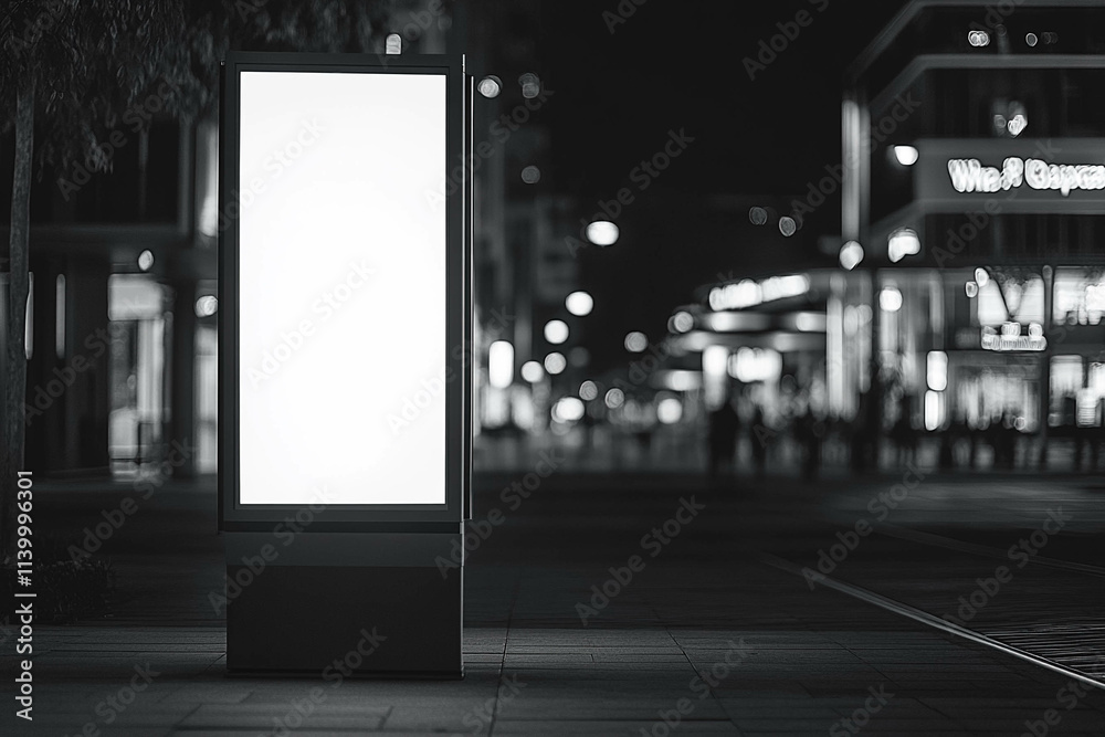 A blank advertising billboard stands in a dimly lit urban street at night. The surrounding area features blurred lights and silhouettes of people, creating a moody atmosphere. A blank advertising billboard stands in a dimly lit urban street at night. The surrounding area features blurred lights and silhouettes of people, creating a moody atmosphere.