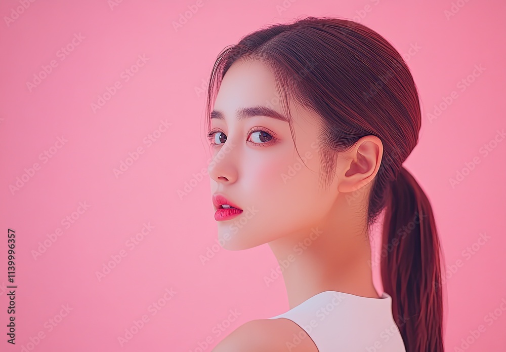 Beautiful young Korean woman with a ponytail hairstyle, posing for a cosmetic product commercial shoot in a studio.