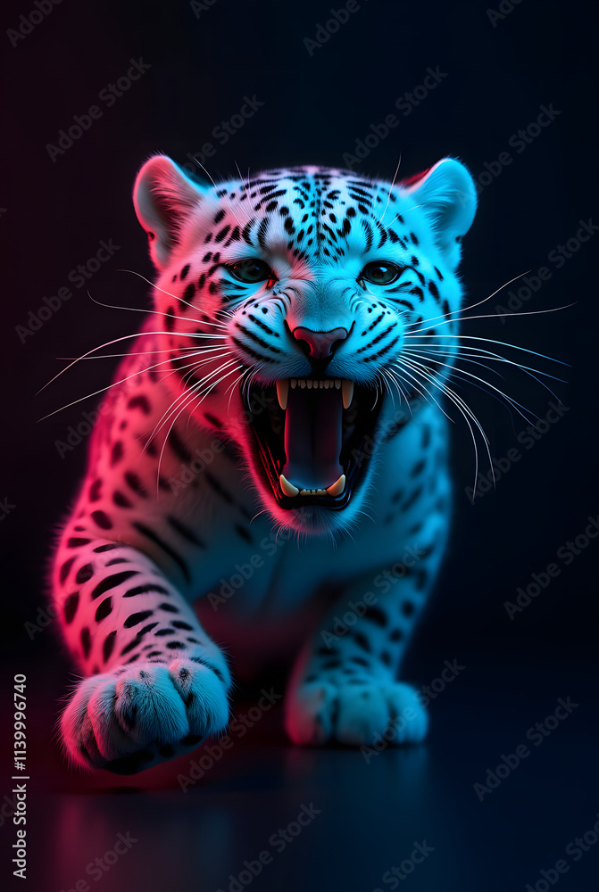 Obraz premium Fierce white leopard roaring against a black background illuminated by neon blue and pink lights. An enraged big cat, an aggressive jaguar in attack mode. Perfect for posters, prints, cards, and banne