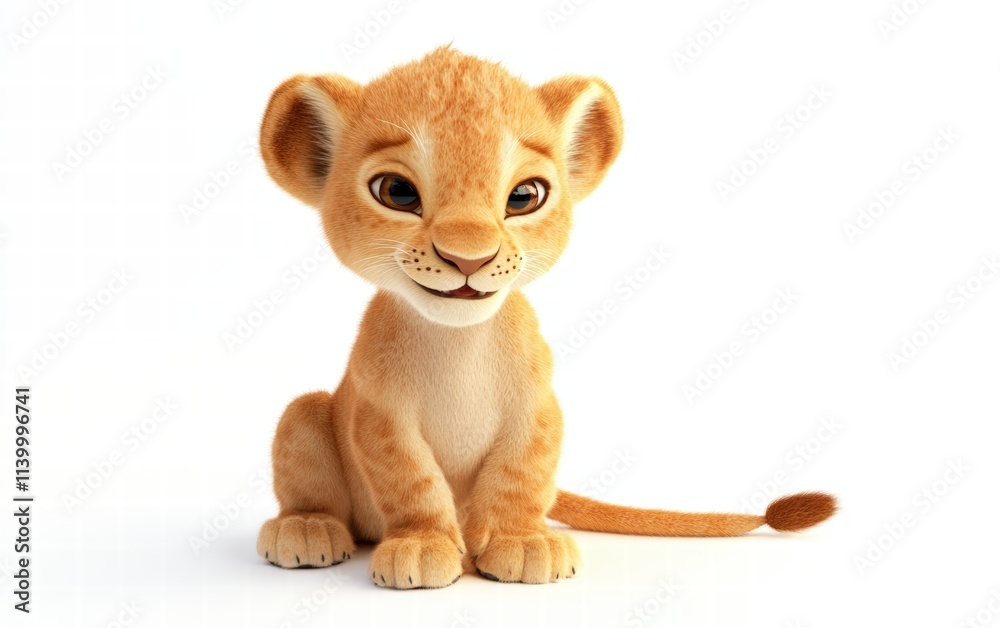 Obraz premium A 3D lion cub sitting with playful features, oversized expressive eyes, and a fluffy tail on a bright white background
