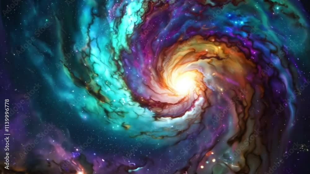 A stunning colorful spiral galaxy swirls in outer space with bright glowing light and stars scattered across the universe