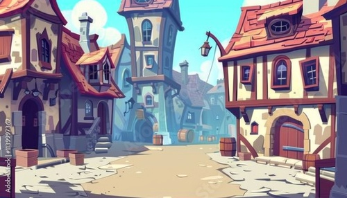 Steampunkc cityscape. Steampunk town, Vintage city with towering struckture. Urban fantasy landscape. Background illustration.
