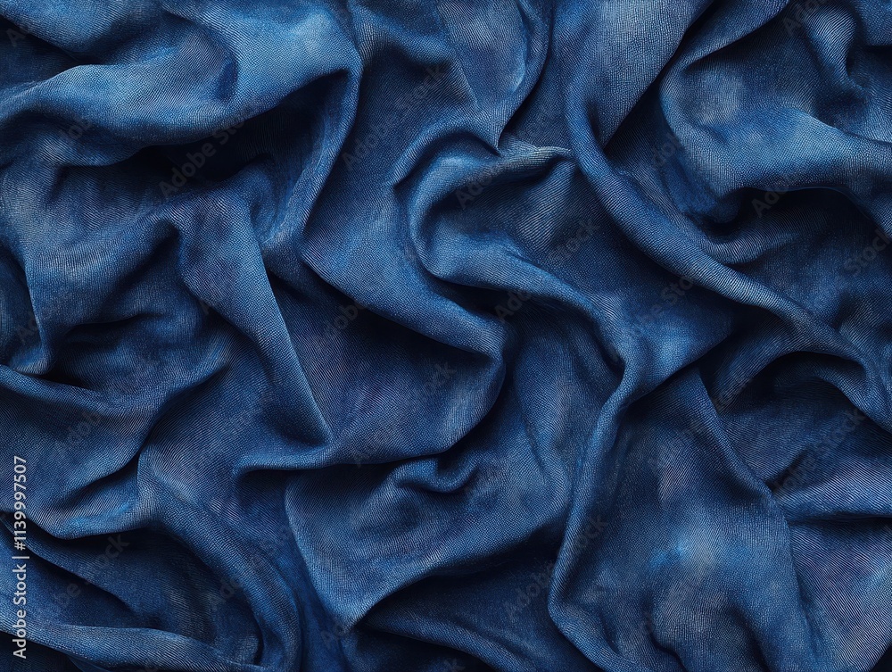 A close-up view of wrinkled blue fabric, showcasing texture and color. A close-up view of wrinkled blue fabric, showcasing texture and color.