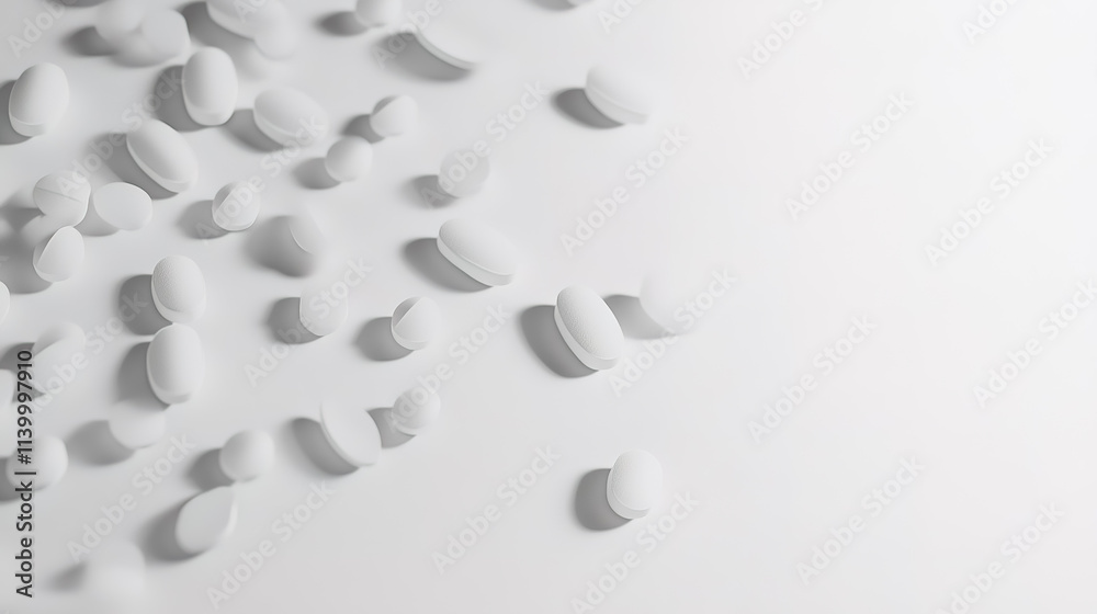 A pile of white pills on a white background A pile of white pills on a white background
