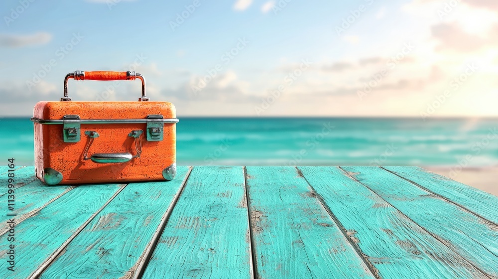 Fototapeta premium Summer Vacation Orange Suitcase on Turquoise Beach Wood