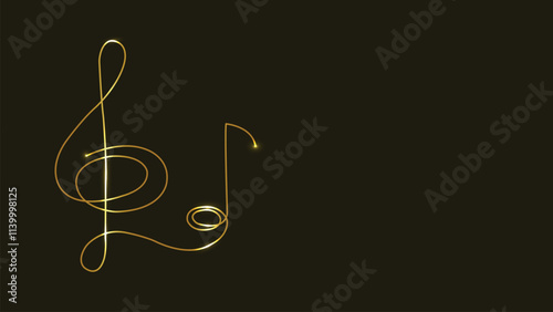 Gold music notes. Treble clef. Heart shape. Music of Love. Line art. Gold isolated on black background. Continuous line drawing. vector illustration. Abstract. Copy space. Musical theme. Music key. 

