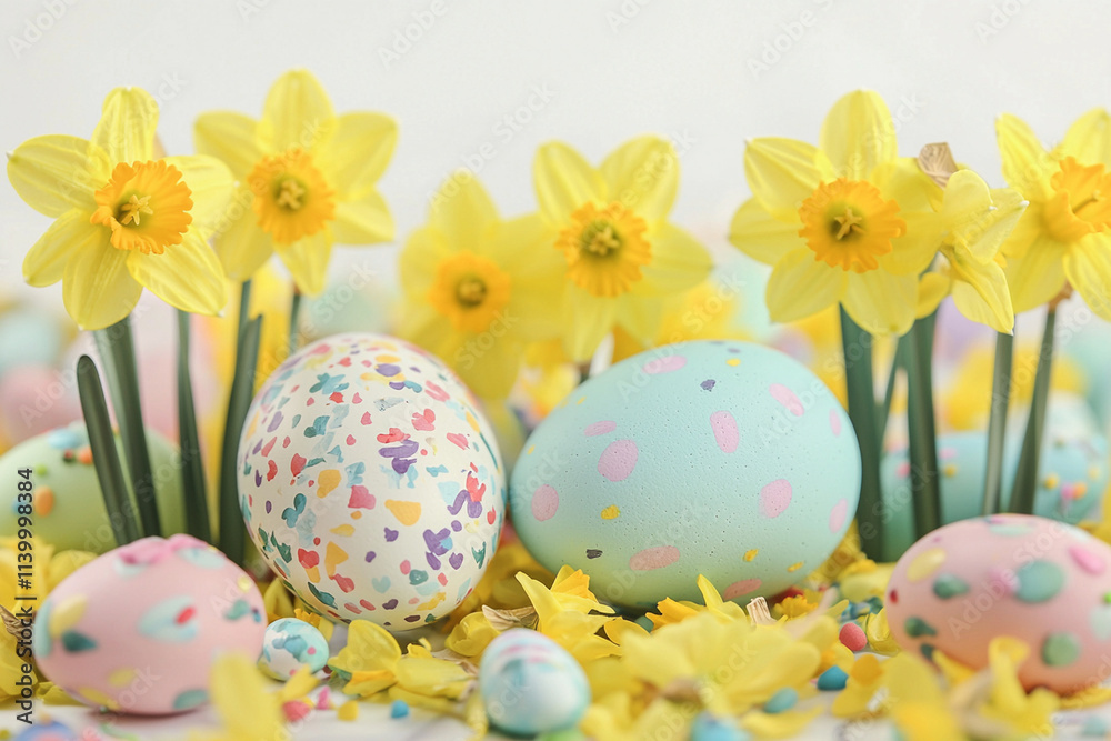 Daffodils and pastel Easter eggs brighten spring Daffodils and pastel Easter eggs brighten spring