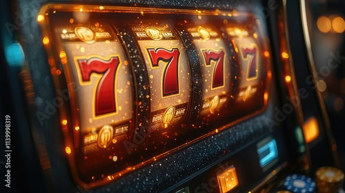 Casino 777 jackpot! Winning slot machine with flashing lights and blurred background, gambling, luck, fortune, and big win excitement.