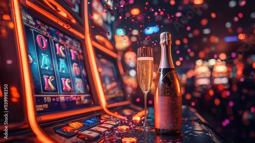 Celebrate a casino jackpot win! Champagne bubbles and confetti fly by a lucky slot machine in a vibrant casino. Luck, fortune, and gambling excitement.