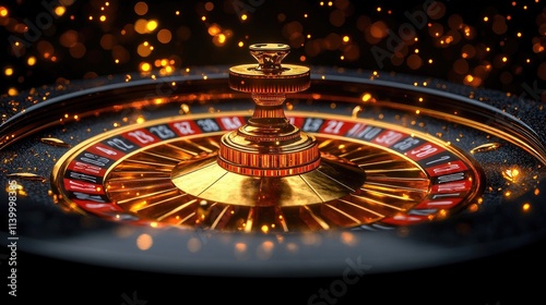 Spin the wheel of fortune! A luxurious casino roulette wheel surrounded by gold coins and chips, ready for a thrilling game of chance. photo