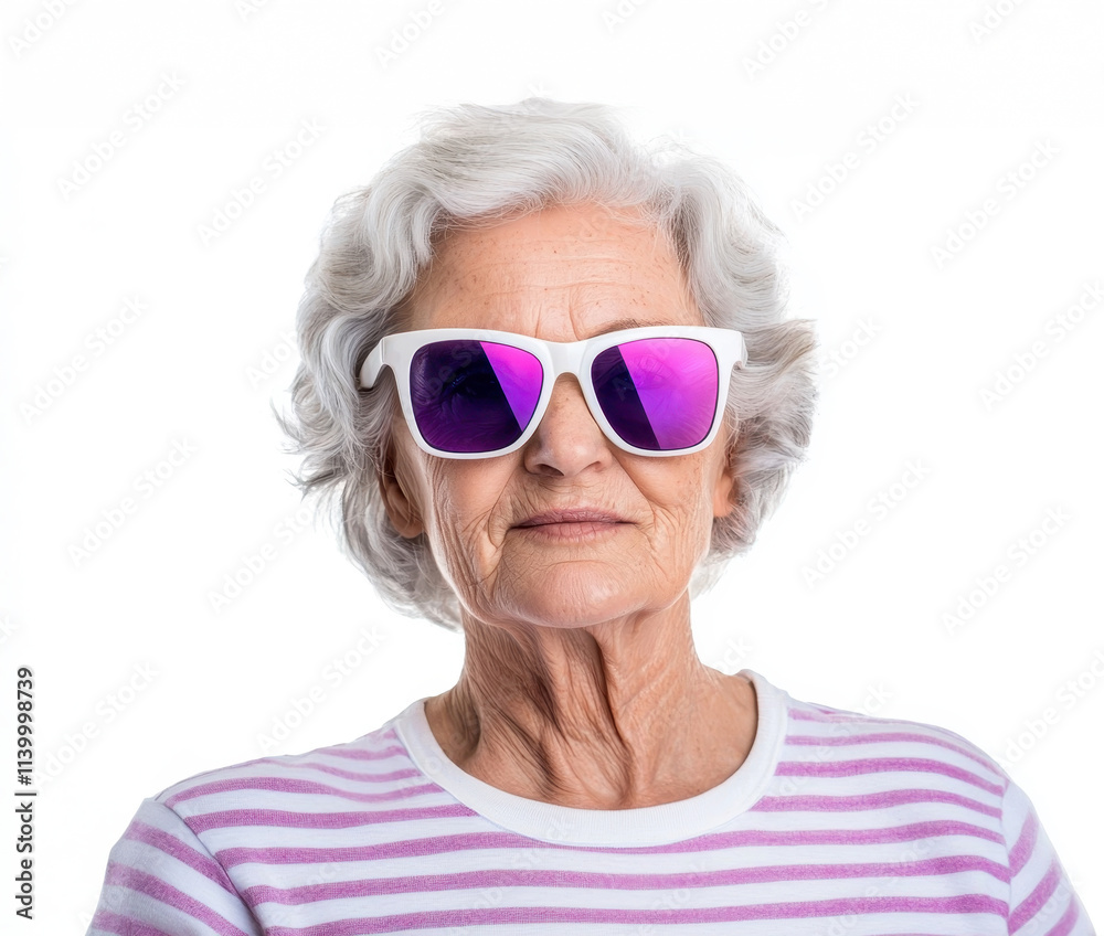 Stylish elderly woman with sunglasses isolated on white background Stylish elderly woman with sunglasses isolated on white background