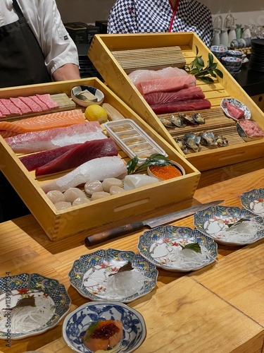 presentation of fresh cuts of sashimi at an omakase restaurant photo