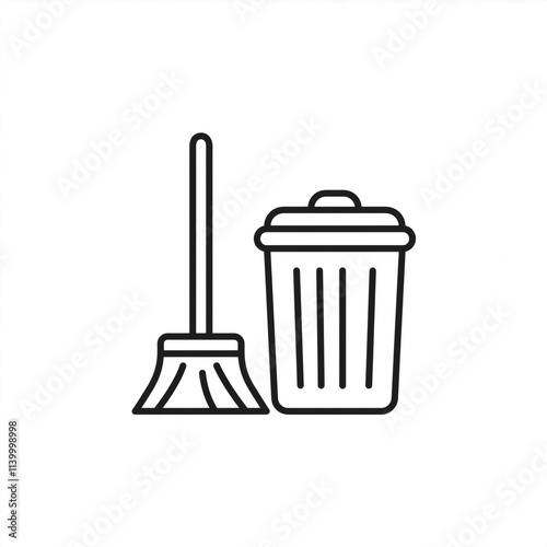 Monochrome line art icon of a broom sweeping dust into a trash can, representing cleanliness and hygiene