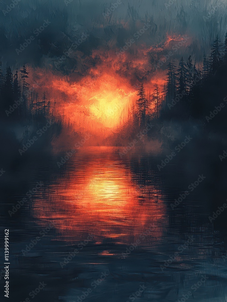 Dark reflections of a burning sunset in an abstract digital landscape Dark reflections of a burning sunset in an abstract digital landscape