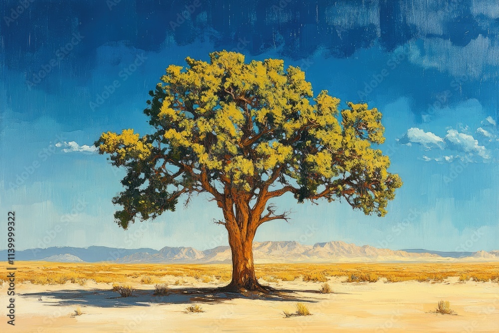 A lone, vibrant tree stands resilient in a vast, sun-drenched desert landscape under a partly cloudy blue sky. A lone, vibrant tree stands resilient in a vast, sun-drenched desert landscape under a partly cloudy blue sky.