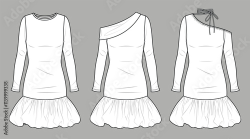 Vector mini bohemian dress fashion CAD, woman flared off shoulder short dress technical drawing, template, sketch, flat, mock up. Jersey or woven fabric mini 3 pcs dress with front view, white color