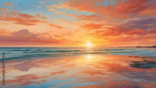 : Depict the warm colors of a sunset as they reflect off the calm surface of the ocean, creating a peaceful, dreamy atmosphere.