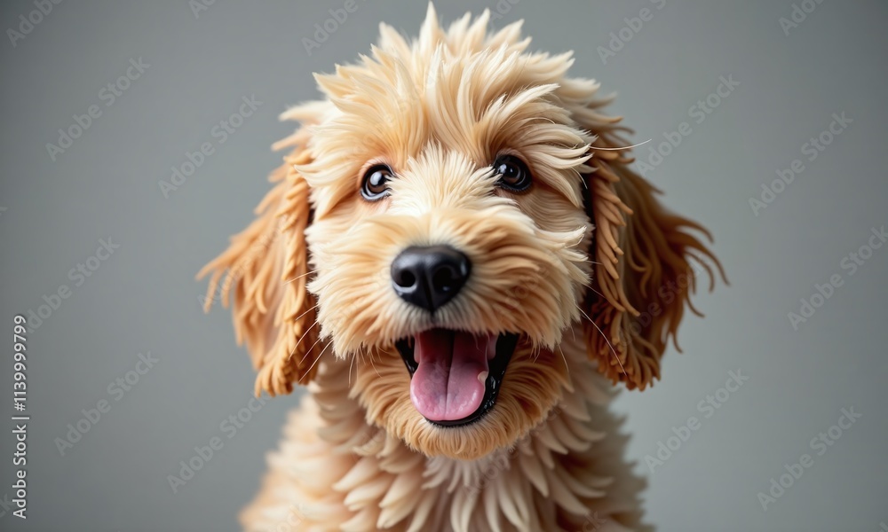 Cute golden doodle dog surprised expression open mouth Cute golden doodle dog surprised expression open mouth
